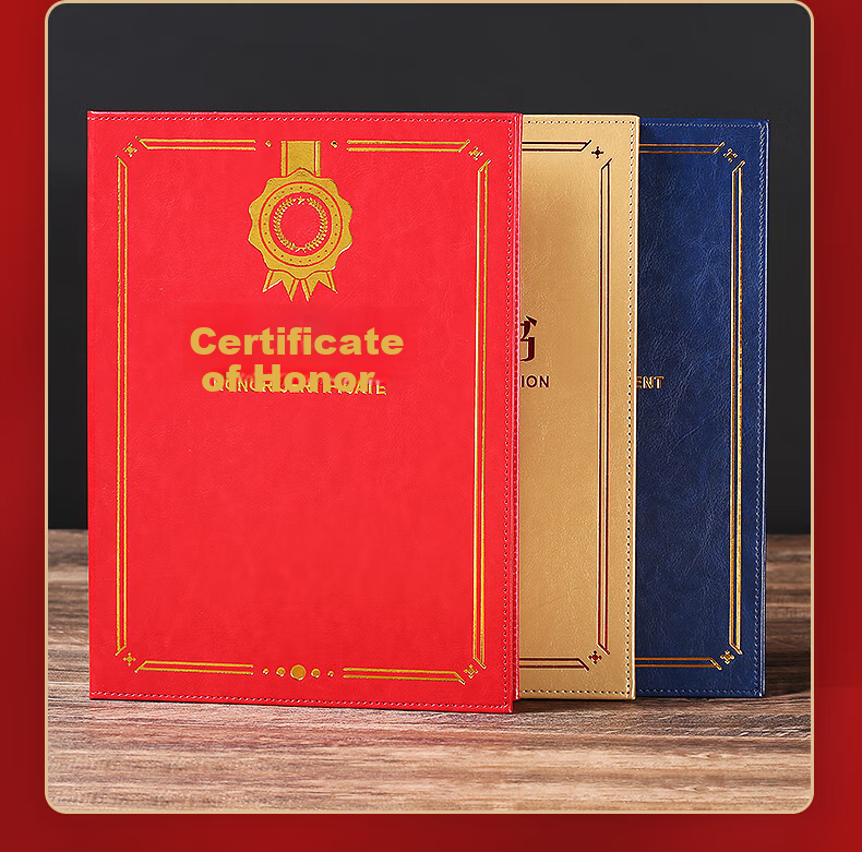 SHEN SHI A4 Leather High-Quality Certificate Cover for Diplomas, Honorary Certificates, Graduation Certificates, Training Certificates, with Inner Pages That Can Print Logo, Vertical Blue (Graduation Certificate) Inner Page 1 Sheet 14