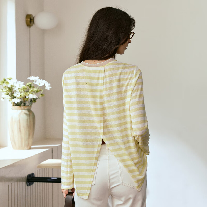 Oulain Round Neck Top Women's Clothing, Autumn New Style, Yellow Striped Pullover Long-Sleeve T-Shirt, Light Yellow, M