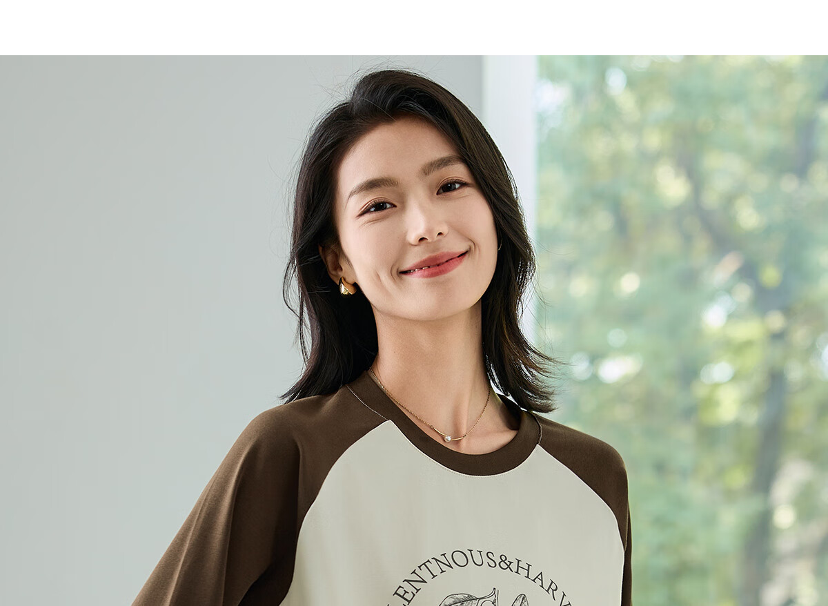 Chushen Spring And Autumn Long-Sleeve T-Shirt for Women, Wilderness Maillard Round Neck Contrasting Color Splicing Simple Loose Base Shirt S143T2022 19