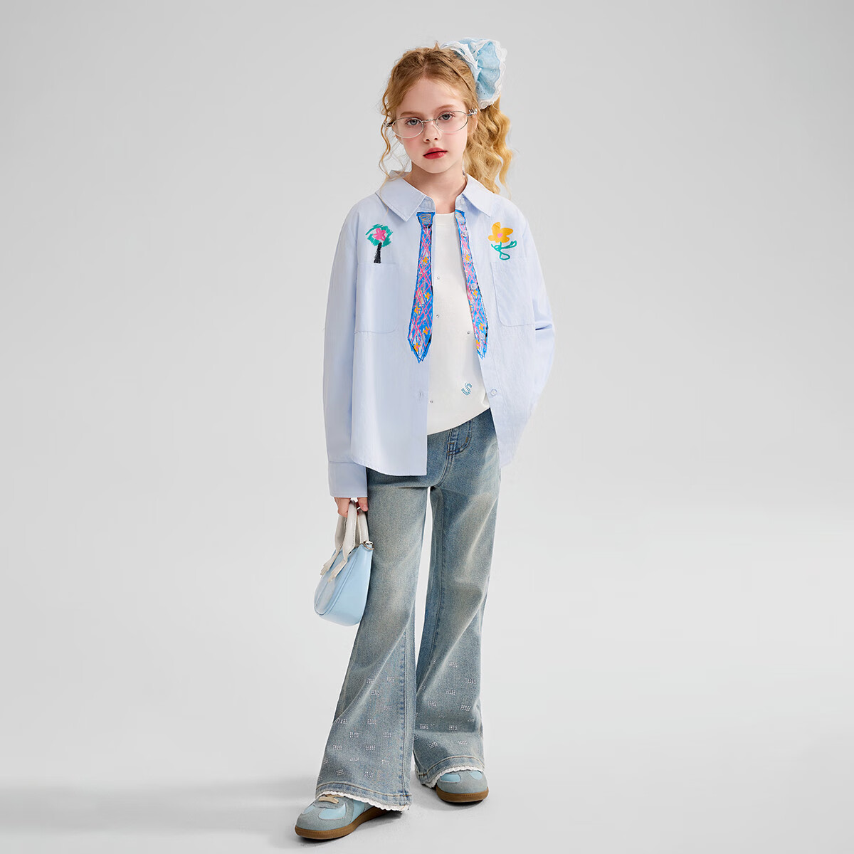 ASK JUNIOR Children's Clothing Girls' Autumn Long-Sleeve Shirt for Older Kids Preppy Style Versatile Jacket Blue 140