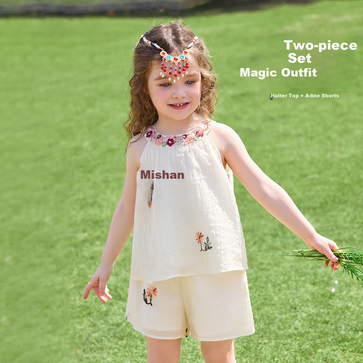 ASK JUNIOR [Children's Set] Summer Toddler Halter Top, Casual Shorts, Two-Piece Girls' Chiffon Embroidered Outfit 3