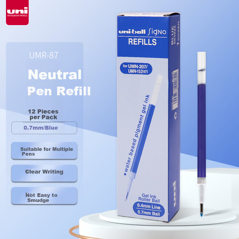 Uni Mitsubishi Neutral Pen Refill UMR-87, Compatible with UMN-152/105/155/307 Pens, 0.7mm, Blue, Pack of 12