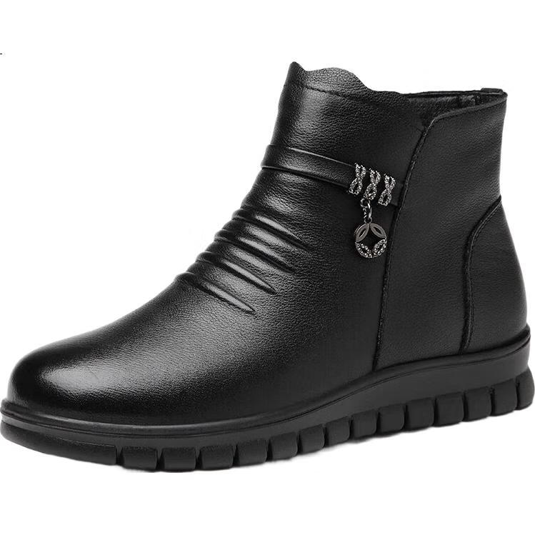 RED DRAGONFLY Women's Short Boots, Fleece-Lined for Warmth, Snow Boots for Middle-Aged And Elderly, Cotton Leather Shoes, Flat Cowhide Cotton Shoes, WTC428791, Black, Size 38