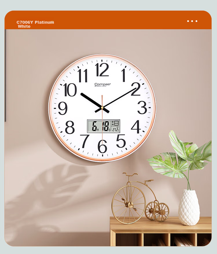 Compas Wall Clock, Living Room Clock, Round Simple Quartz Clock, Wall-Mounted Timepiece, 7006 White, 33cm 5