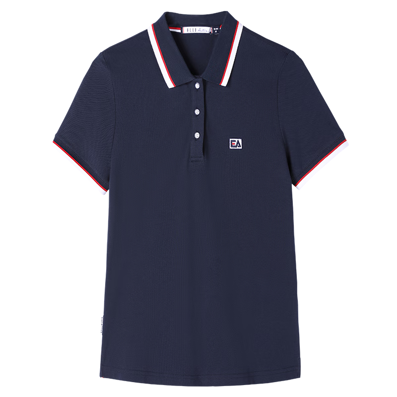 ELLE ACTIVE Casual Sports Short Sleeve Polo Shirt for Women, Commuter Versatile Color-Block Slim Fit Collared Top, Navy Blue, 2XL