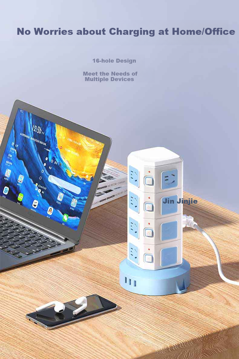 Kyfen Vertical Cube Power Strip, Overload Protection, 16 Outlets with Five Holes, 3 USB Ports, 1.8 Meters Long, Overload-Resistant, Flame-Retardant, Space-Saving Desig 3