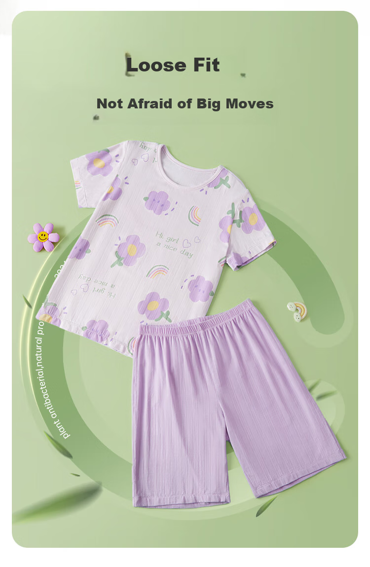 DEESHA [7A Antibacterial Bamboo Fiber Series] Girls' Summer Short-Sleeve Shorts, Big Kids' Loungewear, Skin-Friendly Pajamas 3
