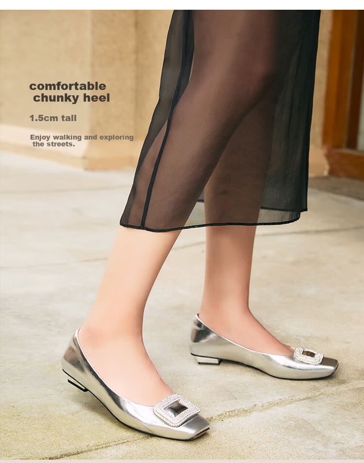 PT'SON Rhinestone Flats for Women, Autumn 2026 French Versatile Flat Shoes, Soft Lambskin Flats, Silver, Size 34 16