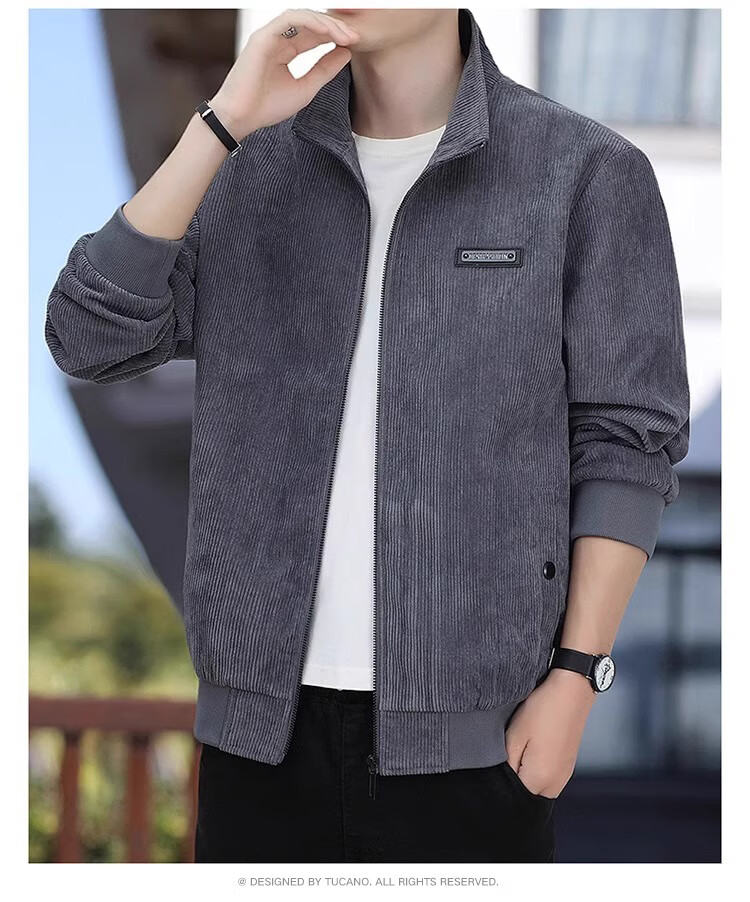 TUCANO Men's Jacket, Business Casual Corduroy, Windproof And Wear-Resistant, Solid Color Lapel Top Coat, Men's Clothing, Dark Gray, 5XL 5