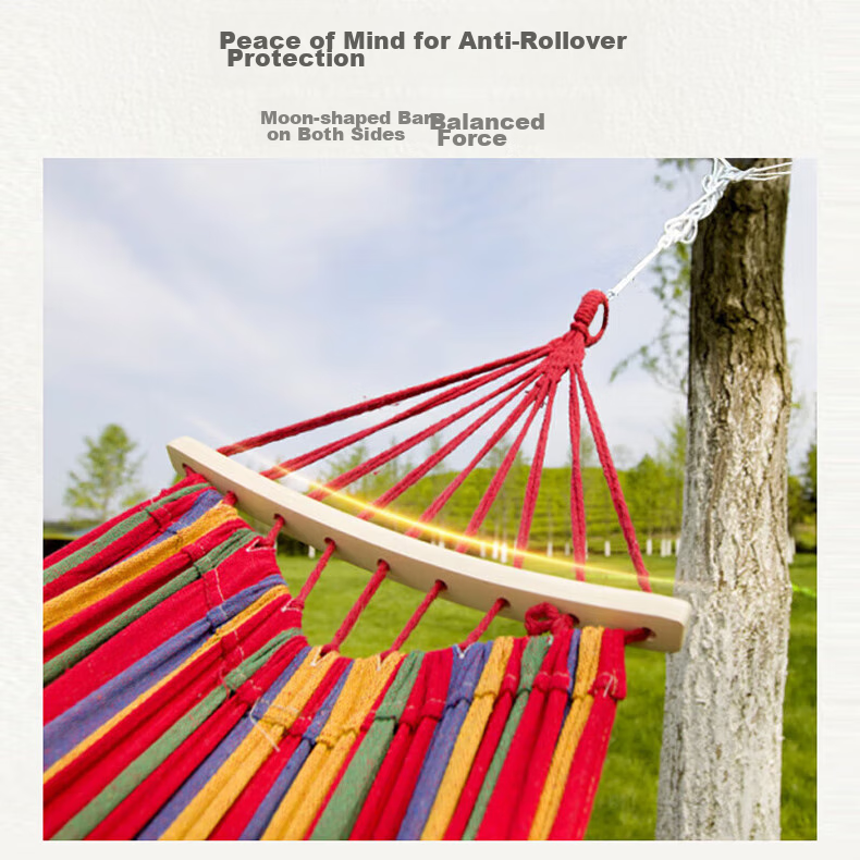 Yonglebao Single-Person Crescent-Shaped Anti-Rollover Hammock, Outdoor Camping Thickened Wide Canvas Hammock with Bent Wood Frame, Rainbow Color, 2-Piece Set 3