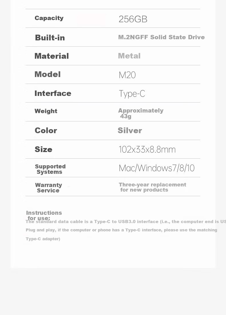 Xiaopan (XDISK) 256GB USB3.2 Portable Solid State Drive (PSSD), M Series, Type-C, Silver, Ultra-Thin Fashionable Direct Phone Connection for Data Backup, Compatible with MAC 2
