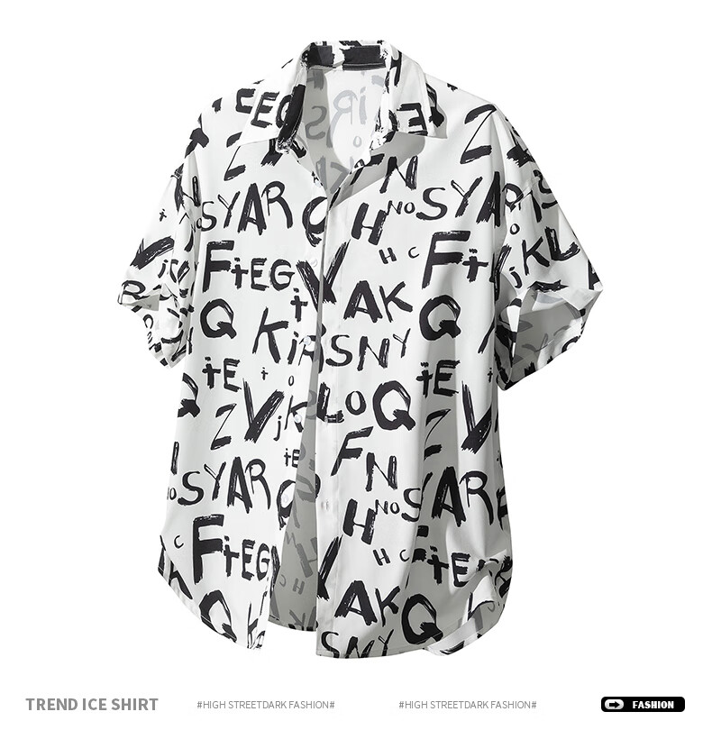 CLOR American Style Ice Silk Men's Spring and Autumn Printed Short Sleeve Shirt Loose Fit Five-Sleeve CLCX12 Cool Letter 2XL 8