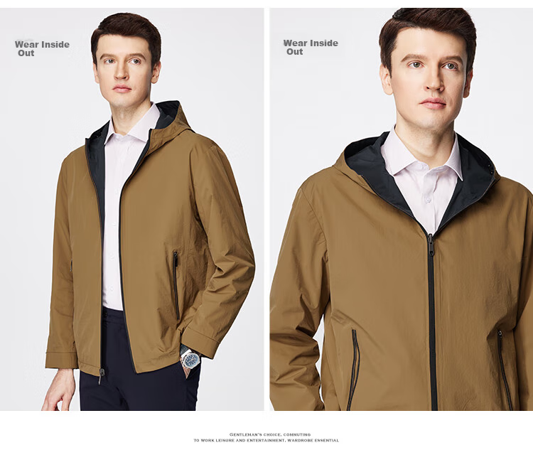 FIRS Double-Sided Hooded Jacket for Men, Spring And Autumn Zipper Windproof Rain-Resistant Adjustable Outdoor Commuter Coat 19