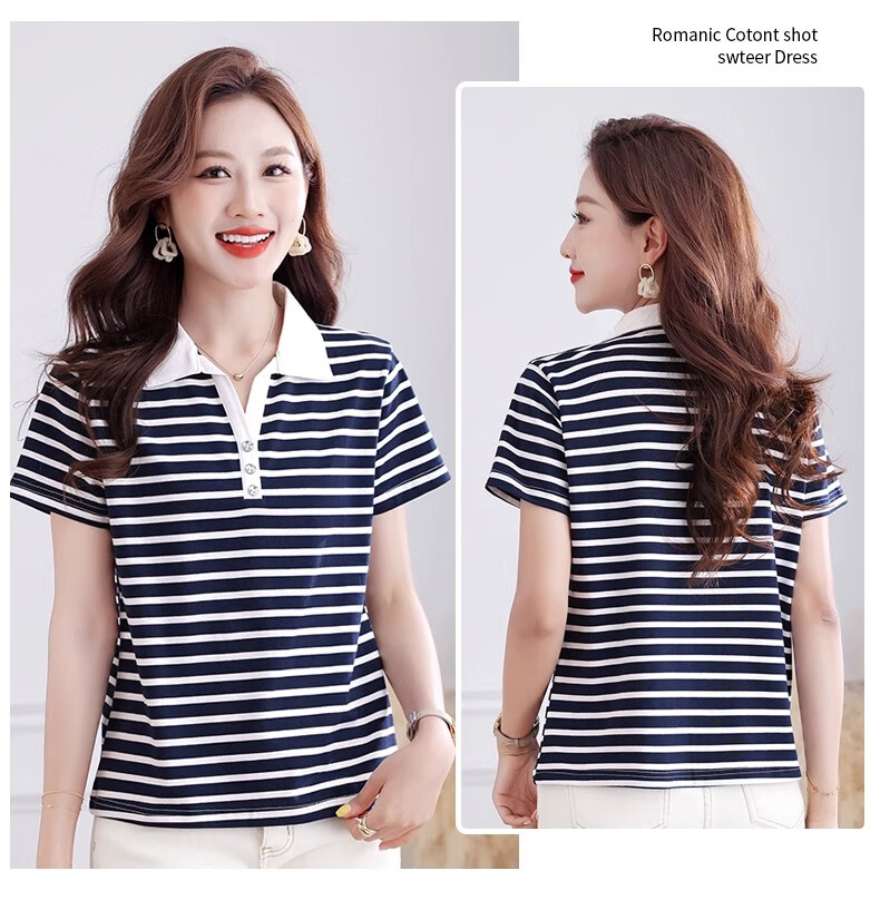 Woodpecker Pure Cotton Polo Collar Short Sleeve T-Shirt Women Summer Striped Polo Shirt Loose Plus Size Black White L 11