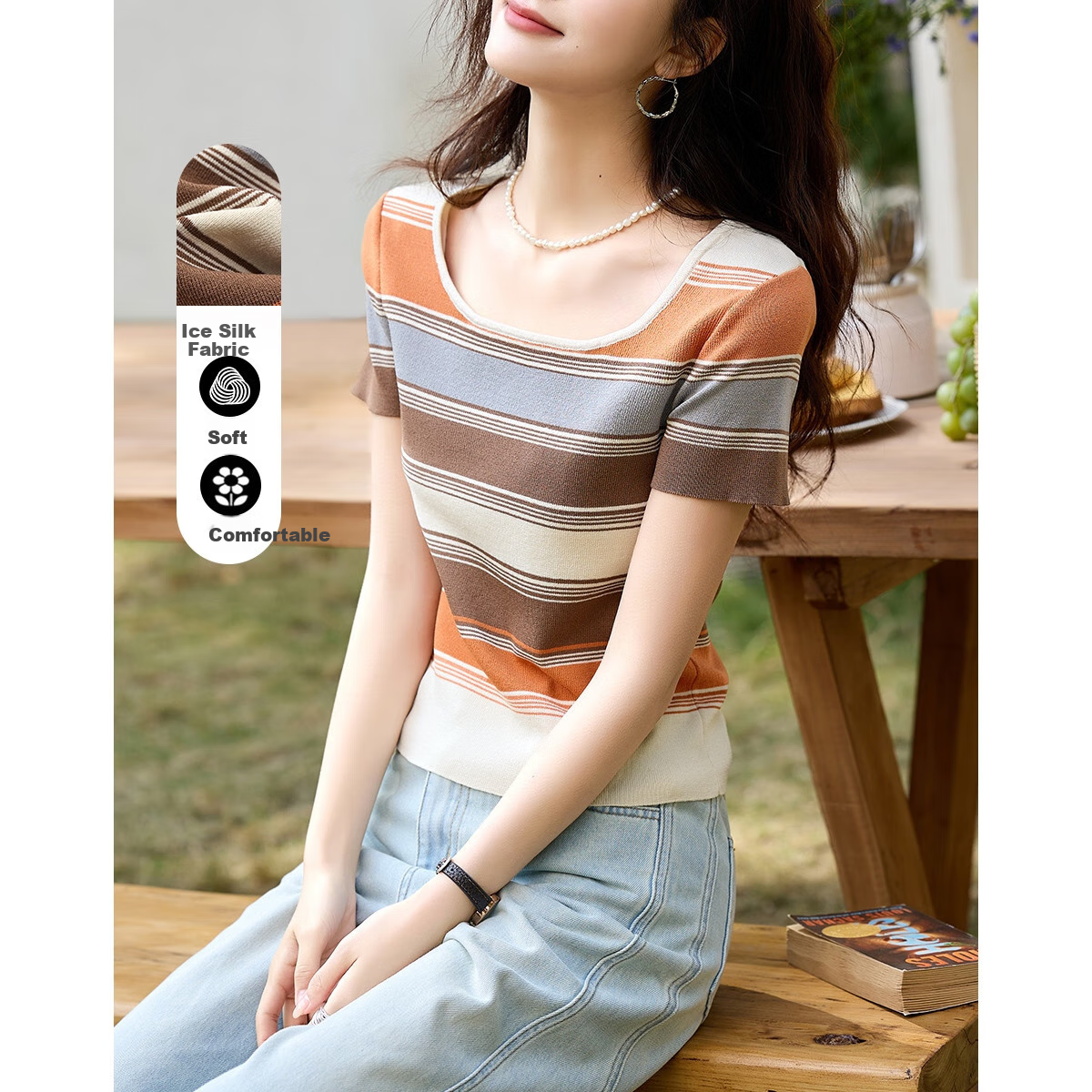 Dme [Meilad Color Series] Summer Vintage U-Neck Ice Silk Sweater, Contrasting Color Slightly Elastic, Inclusive Knit Top for Wome