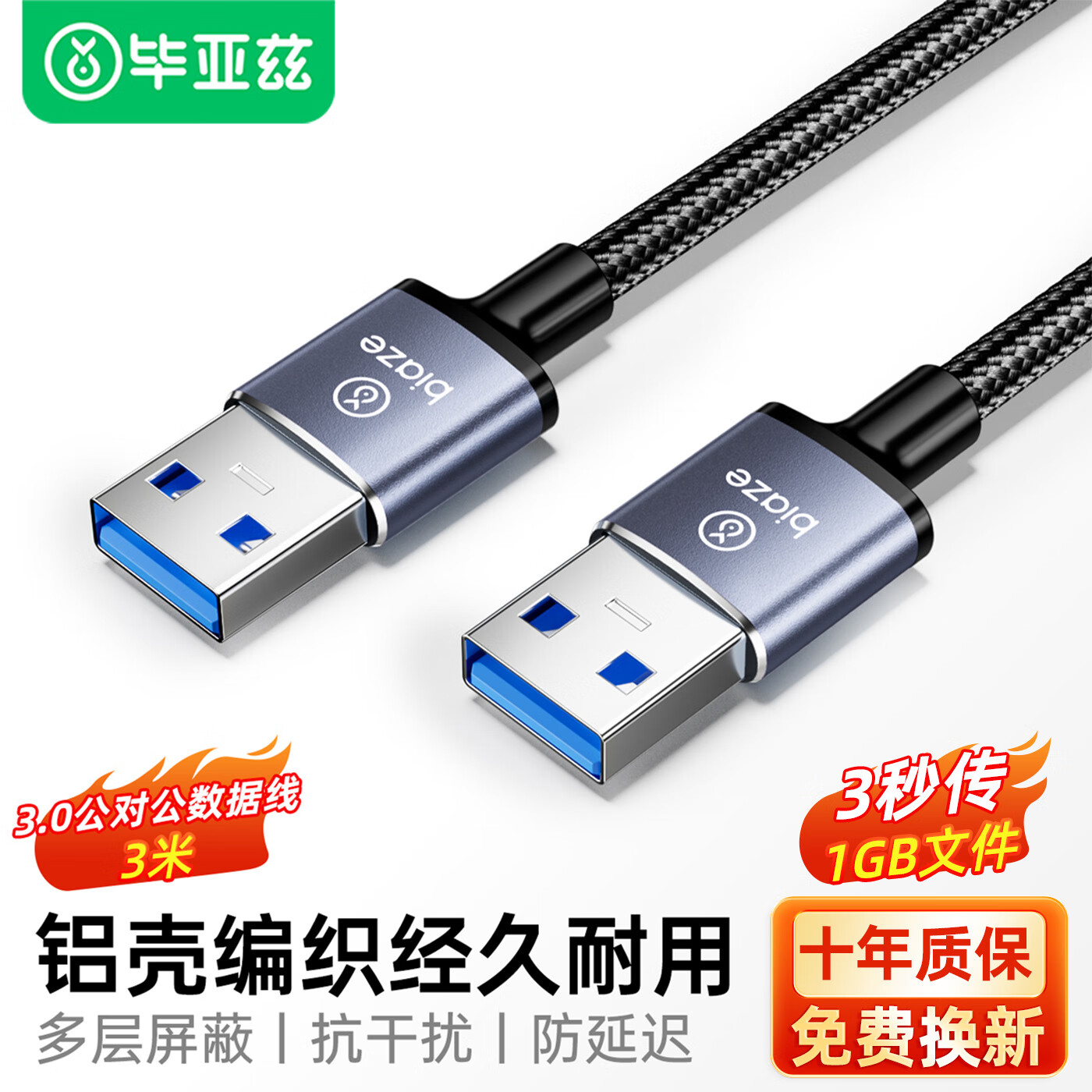 BIAZE [Store Manager Recommended] USB Male-To Data Cable, Dual-Head High-Speed Data Transfer Cable for External Hard Drives, Desktop And Laptop Computers to Cooling Fans And Set-Top Boxes, 3 Meters