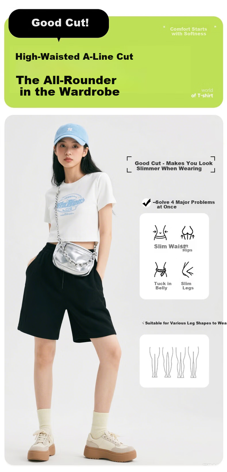 Baleno Women's Shorts, Summer New Style, Pure Cotton, Loose Casual Sports Pants, Ladies' Wear, Elastic Waistband, Slimming Straight-Leg Five-Point Shorts 3