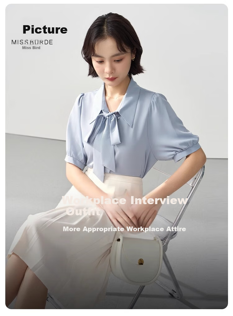 Bodexiaojie Blue Short-Sleeve Shirt for Women, Urban Daily Commute Outfit, Petite Chiffon Blouse, Interview Professional Shirt, Size M 1