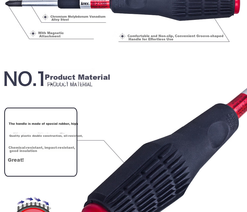ANEX No.3900 Soft Handle Screwdriver, Flathead Strong Magnetic Screwdriver, Slotted Screwdriver, 6.0X100mm 5