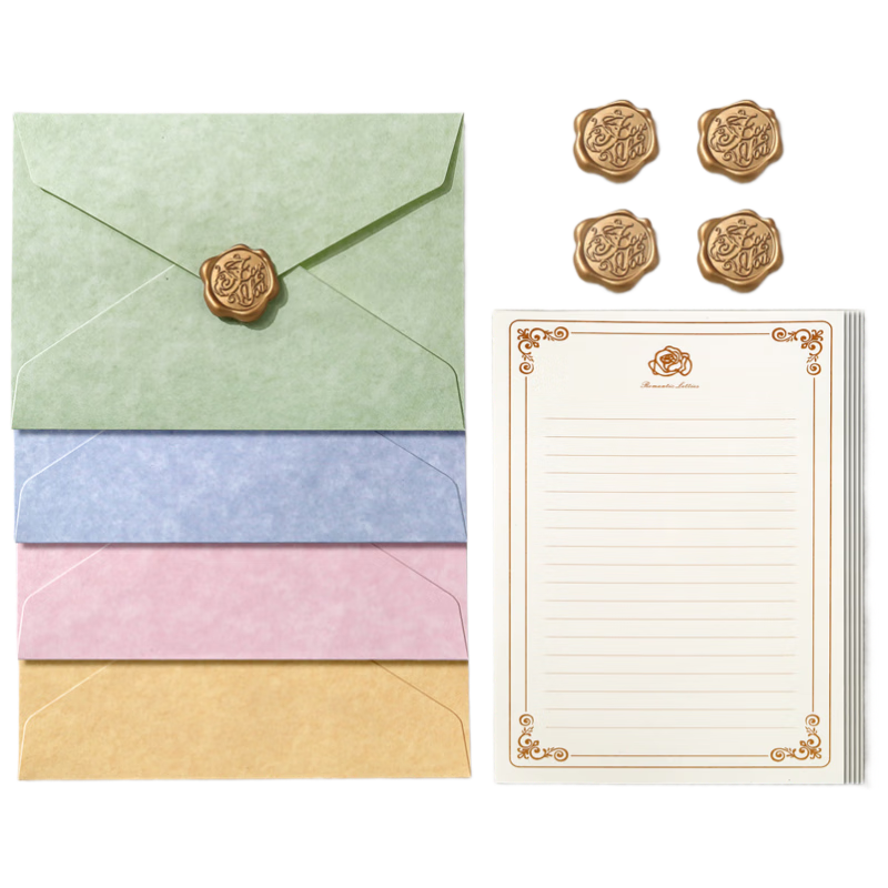 Mingyu Yangba Envelope and Stationery Set High-Quality Greeting Cards for Girlfriend Love Letters Premium Handwritten Letters Stylish Birthday Gift Macaron Color 4 Envelopes 10 Sheets 4 Wax Seals