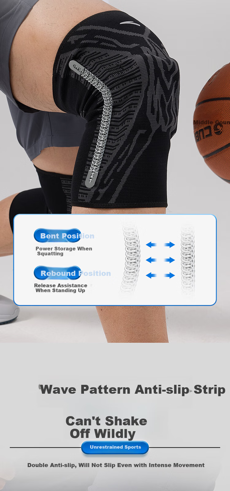 ANTA Sports Knee Brace for Basketball, Running, Badminton, Lightweight Breathable Meniscus Ligament Protective Gear, Gray, Size M, Single Pack 6