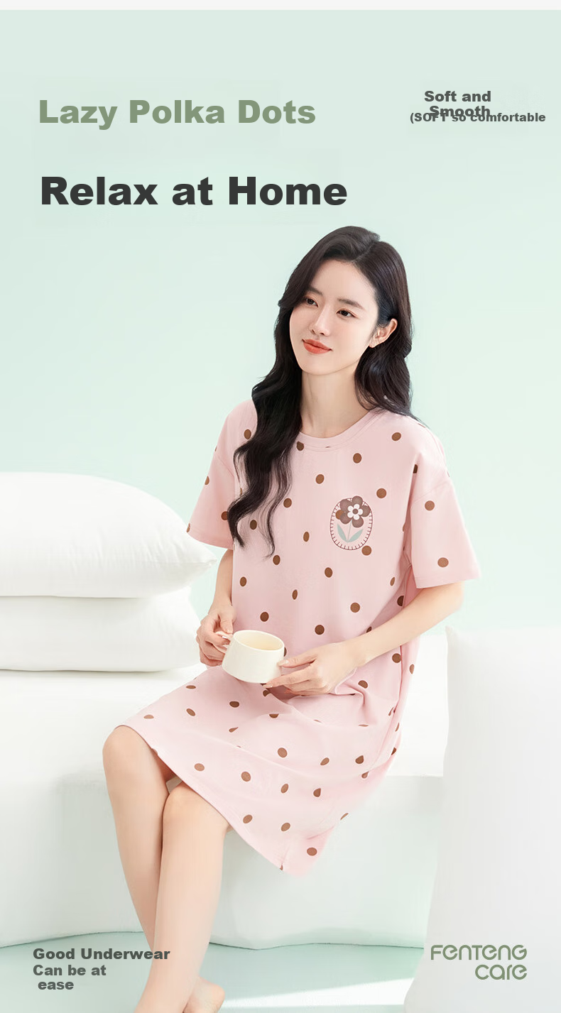 FENTENGCARE Women's Nightgown with Built-In Bra Pads, Round Neck Short Sleeve Short Skirt Polka Dot Breathable Dress Loungewear Gift for Girls 2