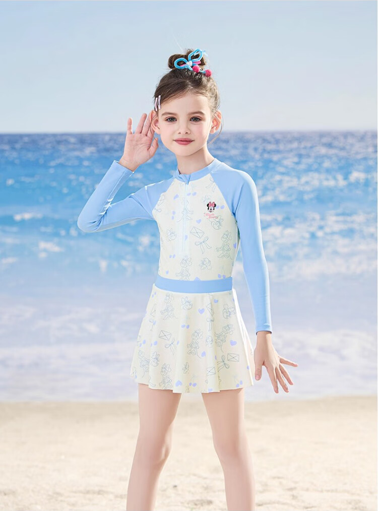 Disney Kids Girls' Swimsuit Long Sleeve Sunscreen One-Piece Swimwear for Ages 6-12 D35363 Blue Size 130 7