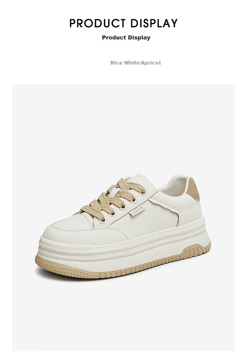 TATA Cotton Candy Thick Sole Sneakers Women Lightweight Breathable Height Increasing White Shoes Beige/Pink AM5 37 4