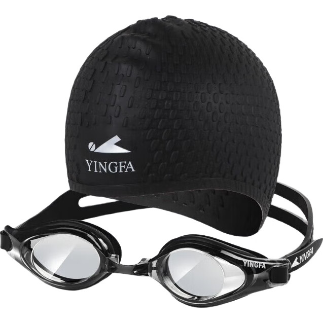 Очки для плавания YINGFA, набор с шапочкой, антифог, водонепроницаемые, HD, большая оправа, черный