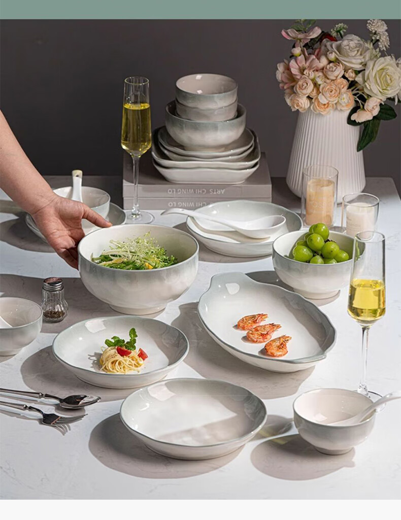LOOKING HOME Ceramic Bowl And Plate Set with Underglaze Color, Simple Home Dining Tableware Set, Housewarming Gift, Smoky Rain Ballad 42-Piece Set 1