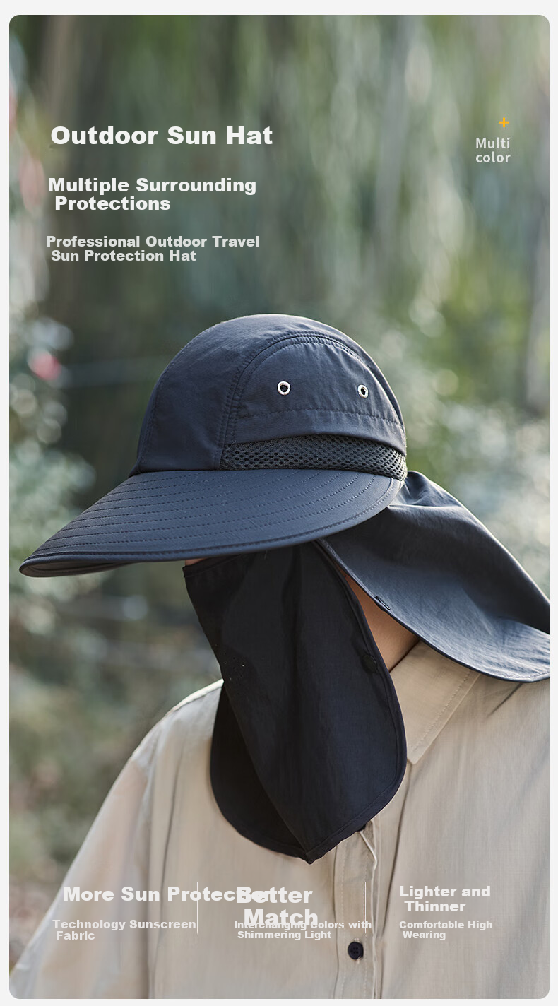 GRGN Sun Protection Hat for Men, Wide Brim Sun Hat, Summer UV-Resistant Fishing Cap, Hiking Hat with Face Shield 2