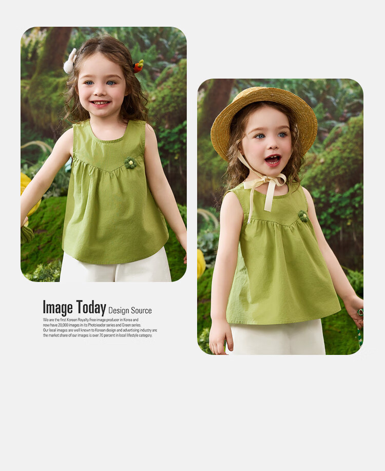 ASK JUNIOR Children's Summer Set, Sleeveless Vest Top for Young Kids, Casual Shorts, Forest-Style Girls' Pure Cotton Two-Piece Outfit, Green, Size 130 3