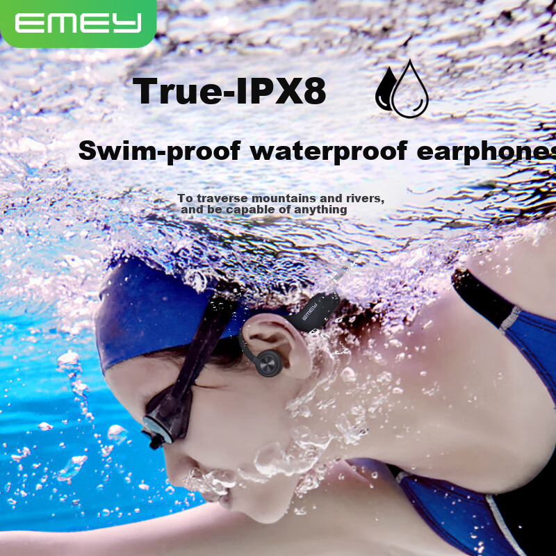 EMEY G22 Bone Conduction Bluetooth Headphones Open-Ear Design IPX8 Waterproof Not In-Ear for Running, Sports, Swimming 64GB Storage Compatible with Apple, Huawei, Xiaomi Black