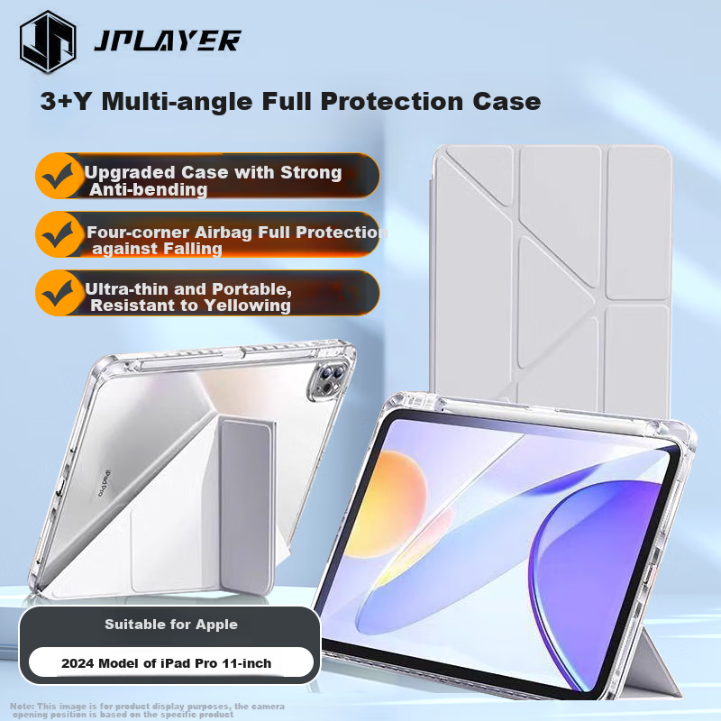 JPLAYER Case for Apple IPad Pro 2025/24 11-Inch, Compatible with M5/M4 Chip, Y-Shaped Multi-Angle Folding Acrylic Case with Pencil Holder, Tablet Protective Cover in Sleep Gray