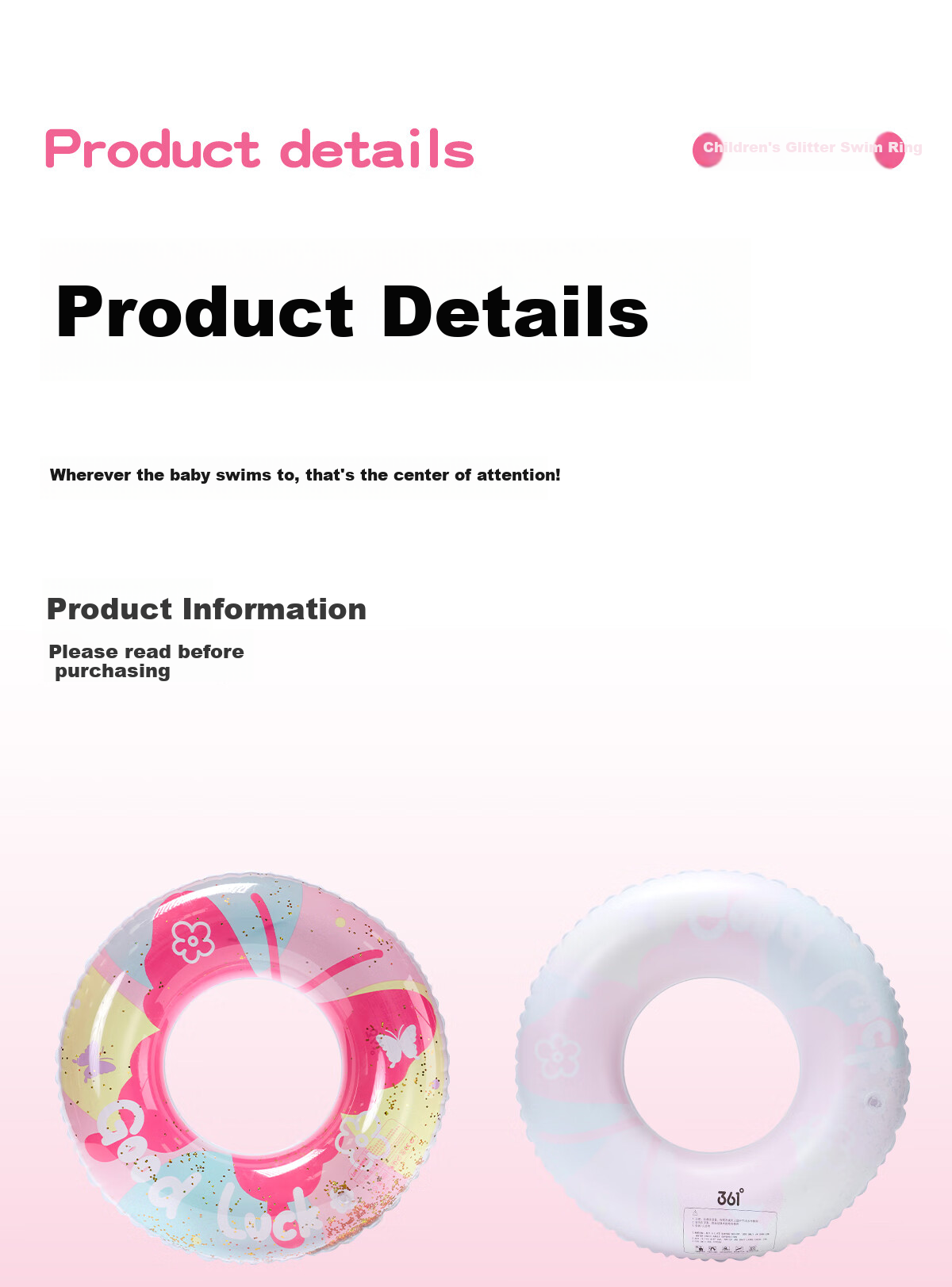 361° Children's Swimming Ring, for Boys And Girls, Anti-Rollover, Suitable for Beginners And Toddlers, Cute Underarm Design, Inflatable, Summer Pink 10