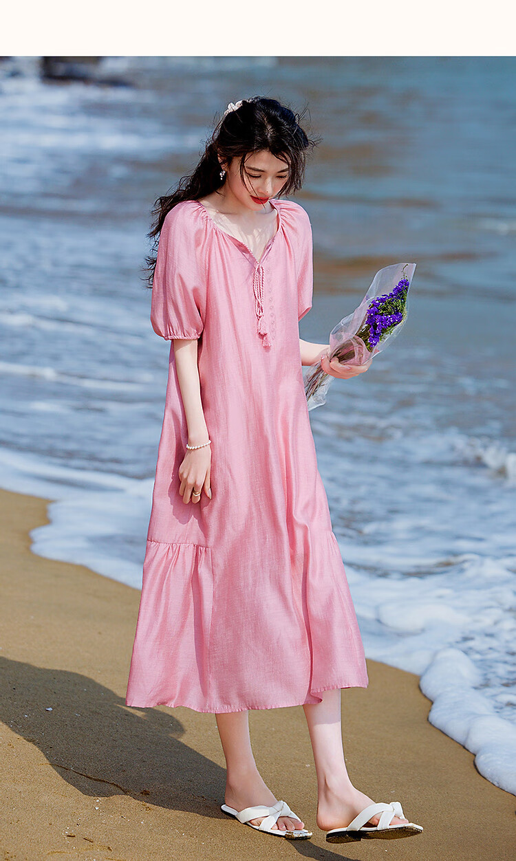 Demana "Light Breeze" Summer Cool Lyocell Embroidered Tassel Tie Split Pleated A-Line Women's Dress 17