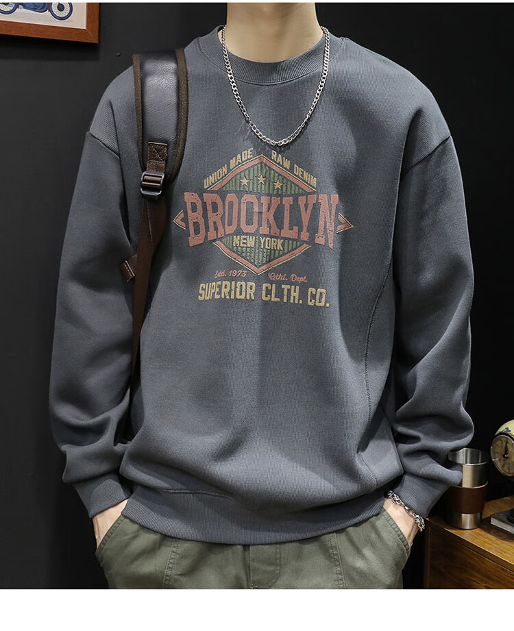 JEEP SPIRIT Heavyweight Crewneck Sweatshirt Men Spring Trendy Brand Printed Plus Size Long Sleeve Shirt Dark Gray 2XL 11