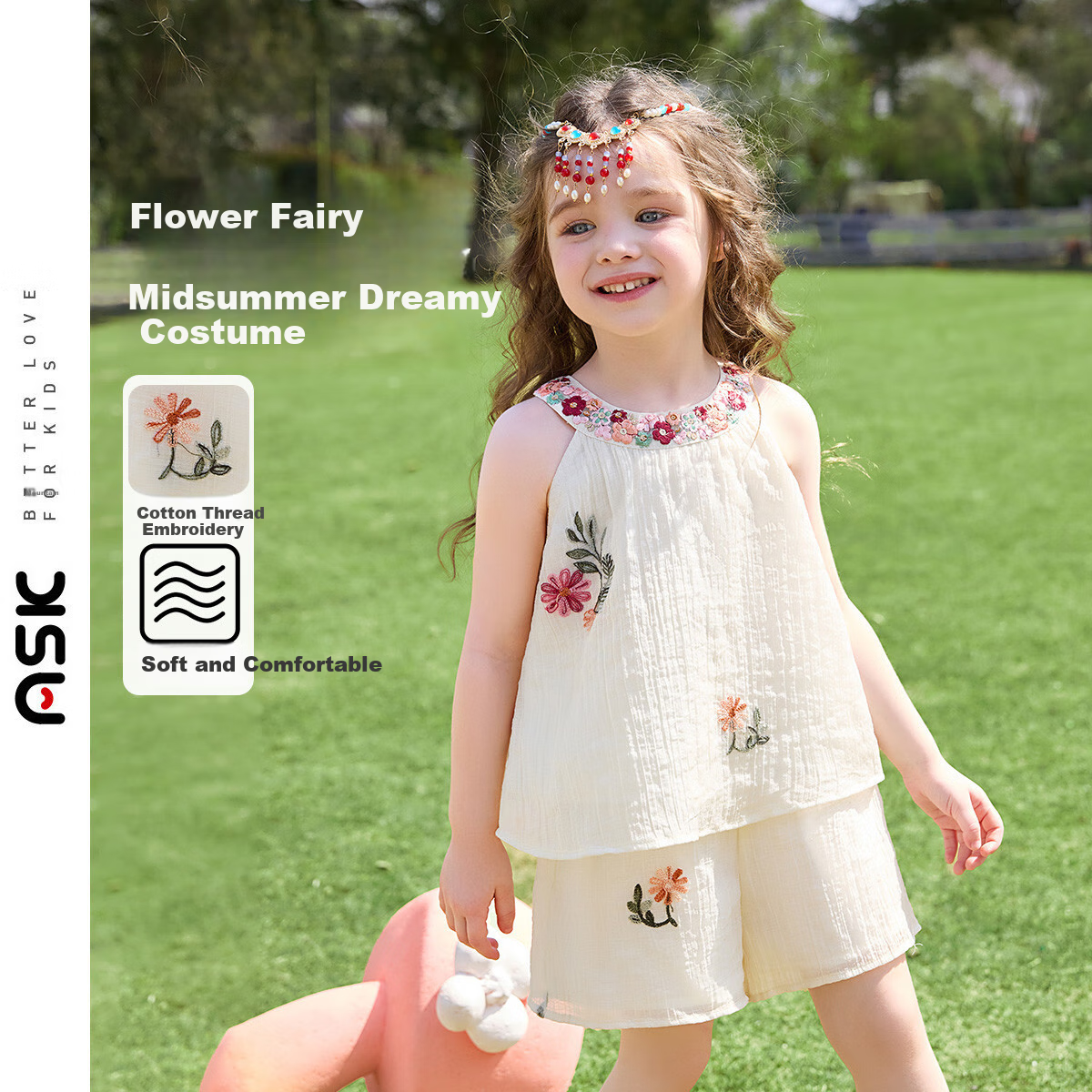 ASK JUNIOR [Children's Set] Summer Toddler Halter Top, Casual Shorts, Two-Piece Girls' Chiffon Embroidered Outfit 1