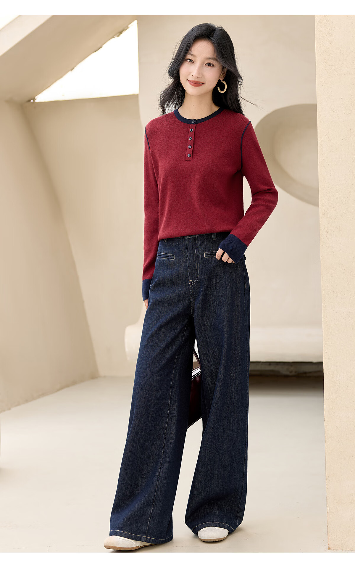 Chushen Spring Autumn Women's Knitwear Fashion Color-Block Round Neck Sweater Base Shirt S53Z030 7