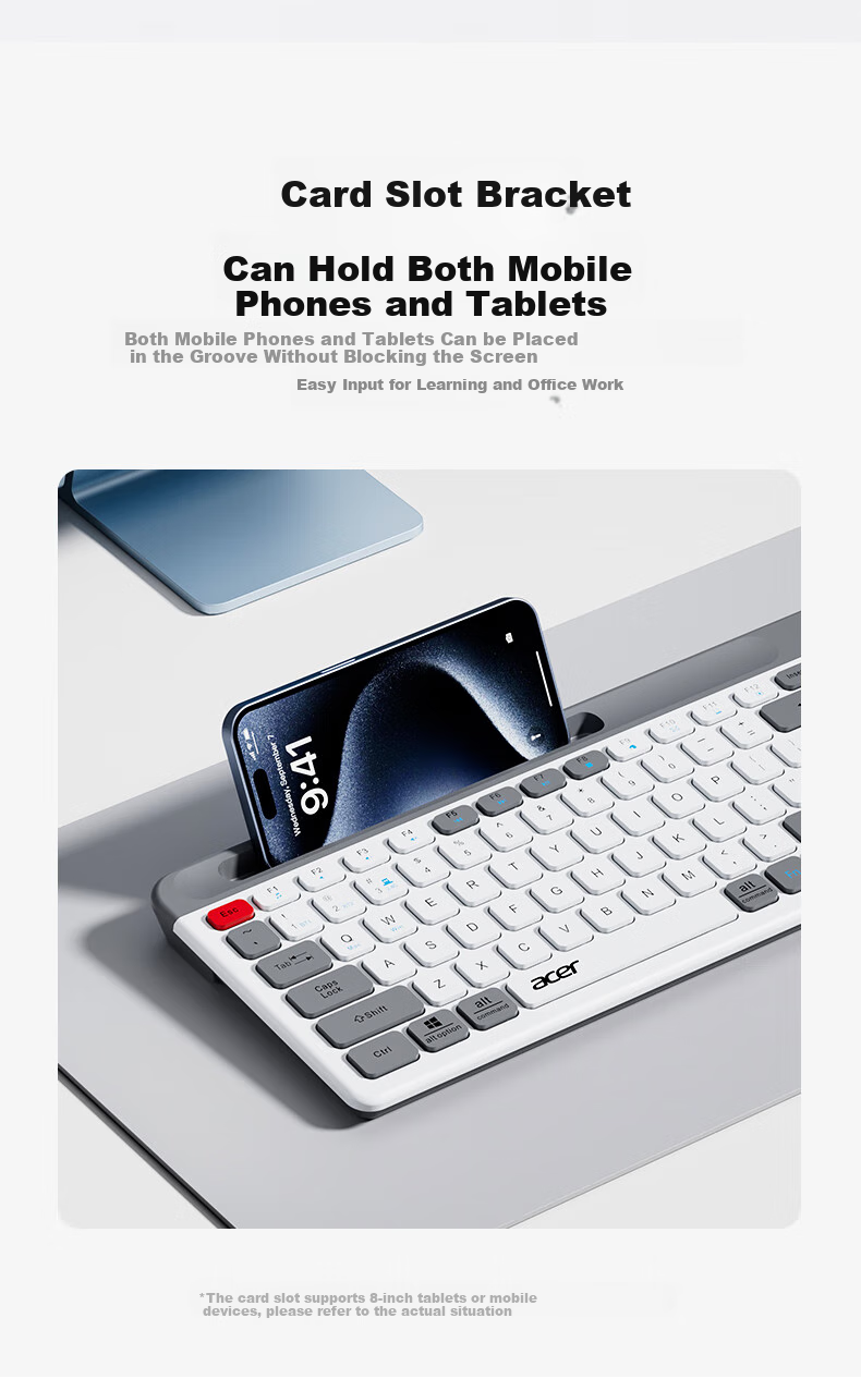 Acer Wireless Bluetooth Keyboard And Mouse Combo, Rechargeable Mouse Keyboard, Compatible with Phones, Computers, IPad Tablets, Universal Keyboard And Mouse Set, Card Slot Stand, OKR215 Gray And Black 4