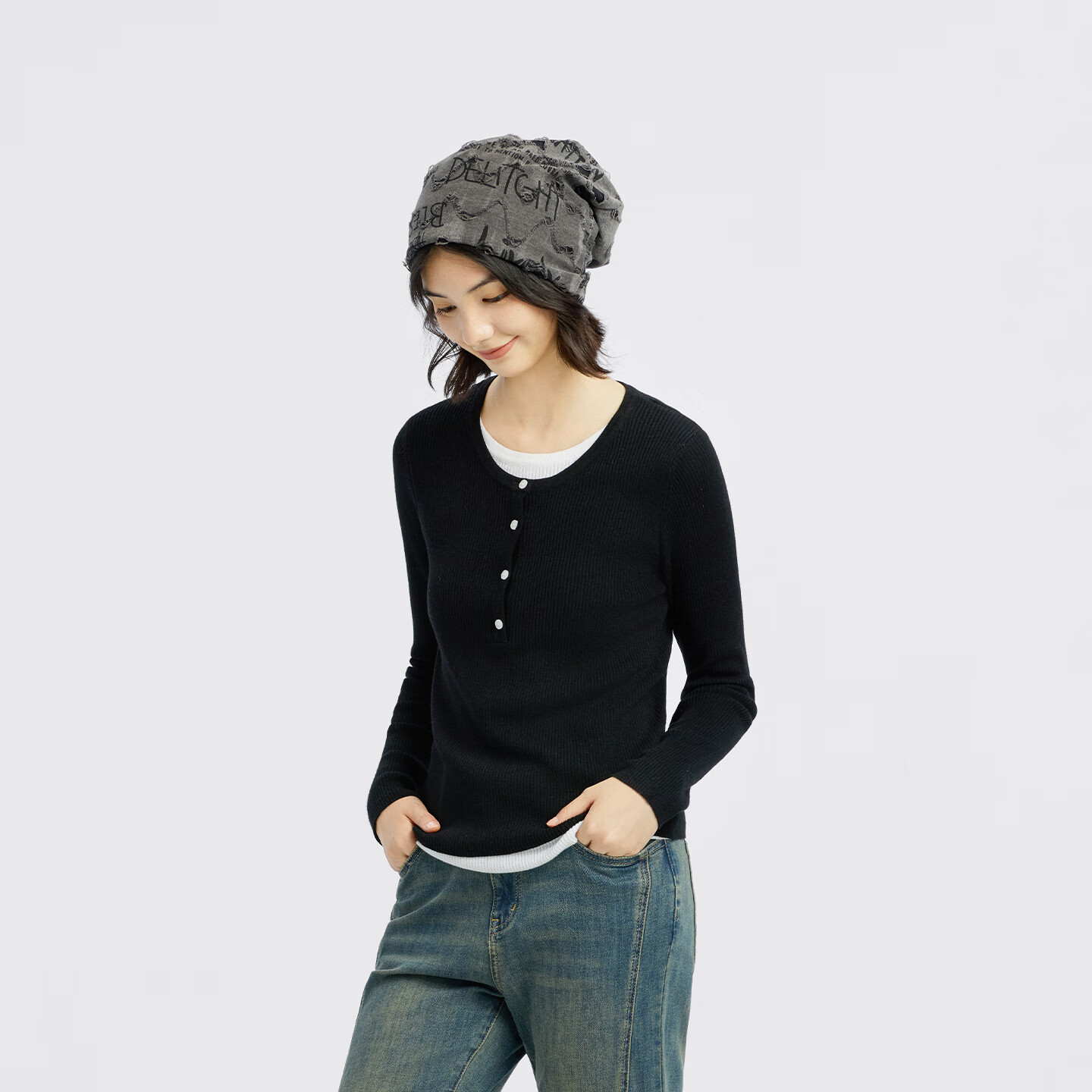 Meters Bonwe Women's Sweater, 2025 Autumn New Style, Faux Two-Piece Long-Sleeve Knit Top, Color Block Splicing Desig