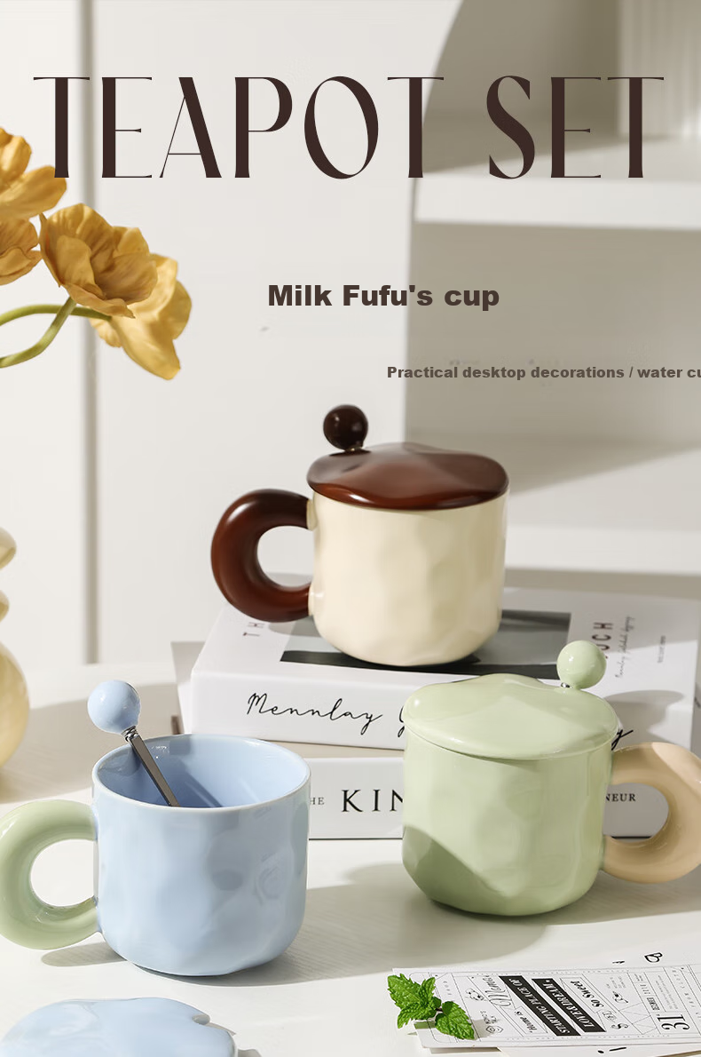 JIWUSENLIN Ceramic Mug with Spoon And Lid, Coffee Cup, Couple's Tea Cup, Dishwasher Safe, Yellow, 420ml 1