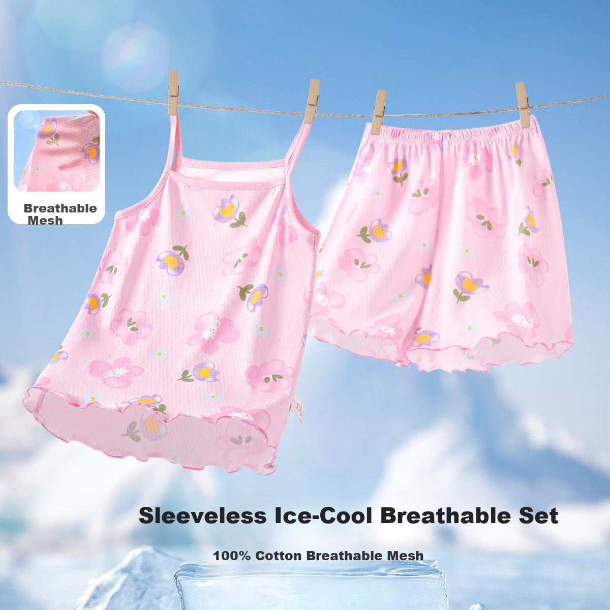 DEESHA Children's Clothing, Girls' Summer Mesh Pajama Set, Large Medium Small Camisole Loungewear, Sweet Heart Design, Size 130