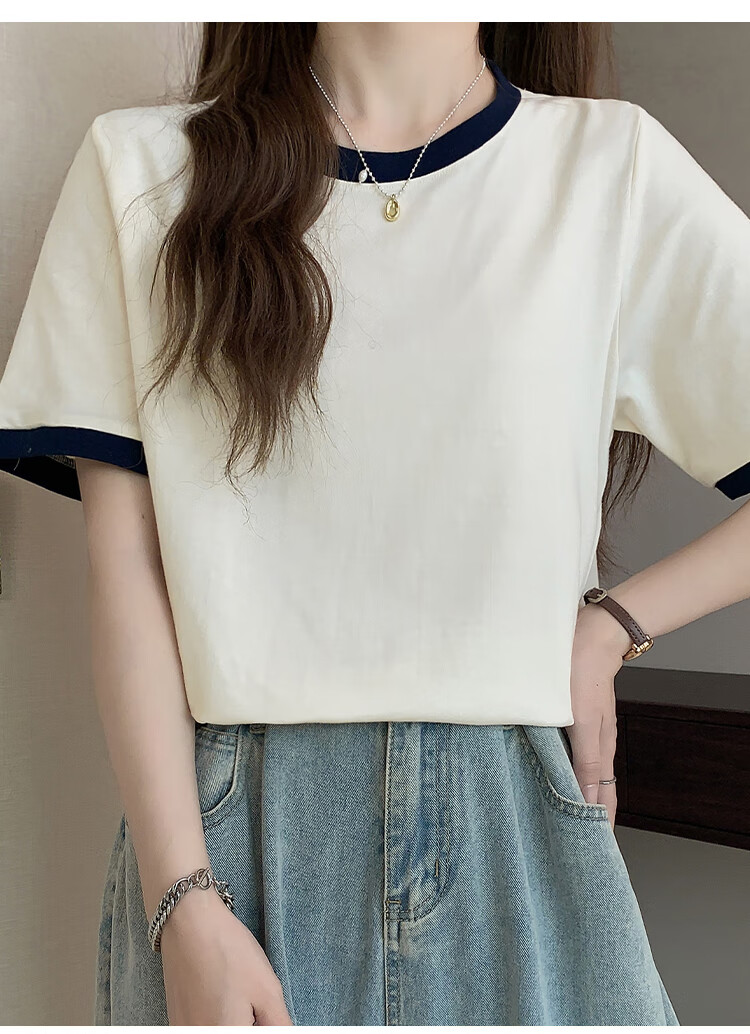 Yiershuang 100% Cotton Women's Short Sleeve T-Shirt Comfortable Skin-Friendly Color Block Basic Casual Top 12
