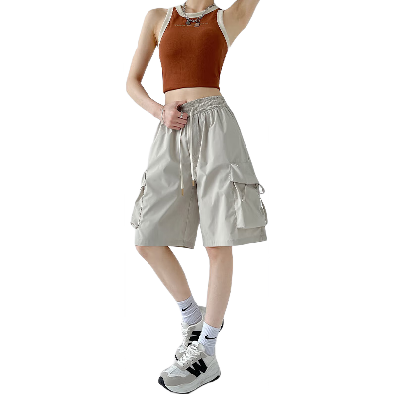 Xueqiman Large Pocket Workwear Shorts Women Summer 2026 New American Style Quick-Dry Ice Silk Cool Straight Sports Knee-Length Pants