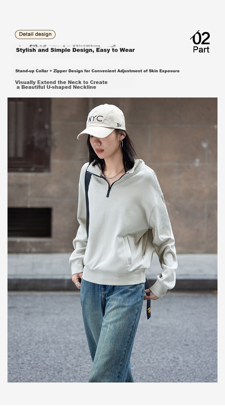 Dme [Relaxed Fit Pullover Sweatshirt] Autumn Light Bean Green Stylish Stand Collar Zipper Half Placket Simple Sweatshirt 7