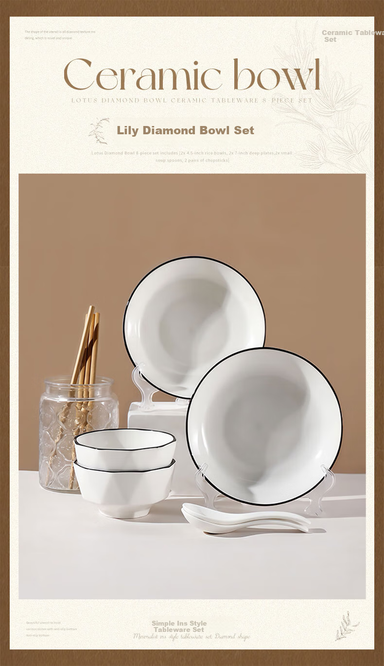 JIWUSENLIN Single-Person Tableware Set, Bowl And Chopsticks Combination Plate, Diamond-Shaped Bowls for Home Use Or Gifting, 8-Piece Set 1