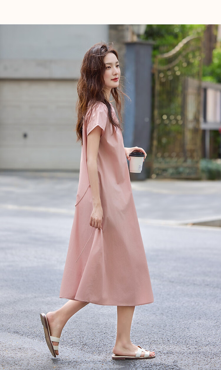 Dme [Shujie Meixue] Summer Lightweight 50-Count High-Density Silk V-Neck Tie-Up Short-Sleeve Loose Women's Dress 7