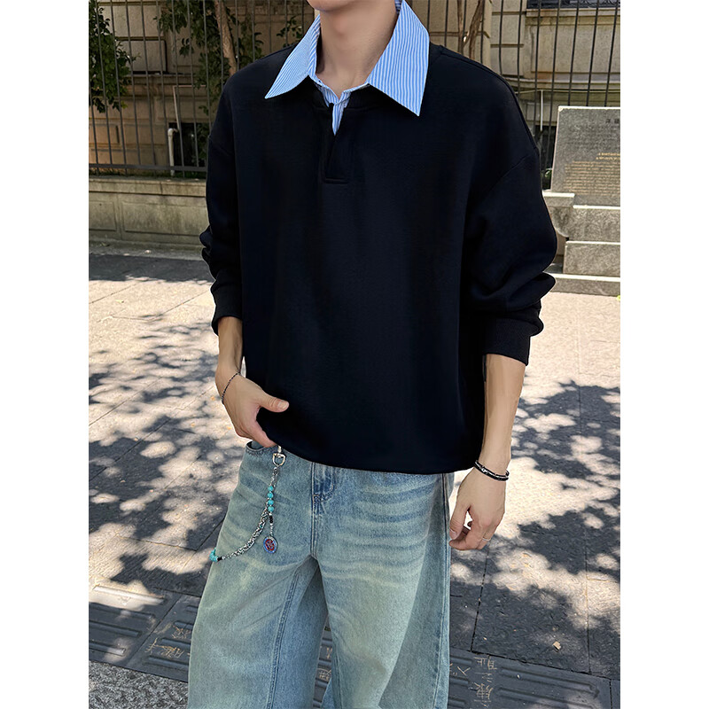 IZEXX Korean-Style POLO Shirt, Faux Two-Piece Contrasting Color Patchwork Sweatshirt for Men, Autumn Season, Turn-Down Collar Pullover Top, GW32 Black 2XL