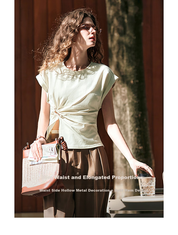 Olrain Irregular Pleated Waist-Tied T-Shirt Women's Summer Stylish Short Sleeve Top Milk Tea Color M 21